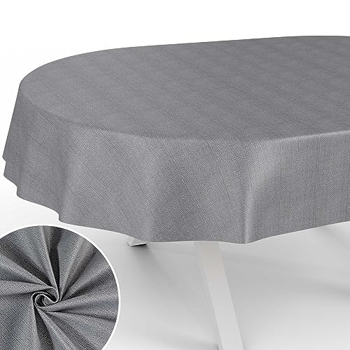 Stoff Tischdecke Textil Tischwäsche Tischtuch Baumwolle Polyester abwaschbar Uni Ornament Damast Jacquard Gewebe waschbar Dunkelgrau Oval 180x140cm Schnittkante von ANRO