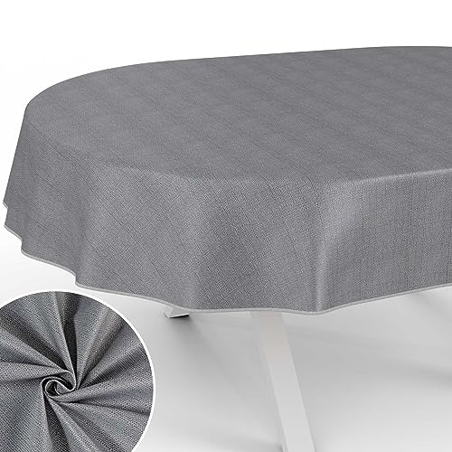 Stoff Tischdecke Textil Tischwäsche Tischtuch Baumwolle Polyester abwaschbar Uni Ornament Damast Jacquard Gewebe waschbar Dunkelgrau Oval 200x140cm mit Saum (Eingefasst) von ANRO