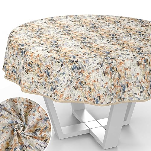 Stoff Tischdecke Tischwäsche Textil Tischtuch Baumwolle Polyester Gewebe abwaschbar pflegeleicht, in rund oval eckig Holzmosaik Rund 140cm mit Saum (Eingefasst) von ANRO