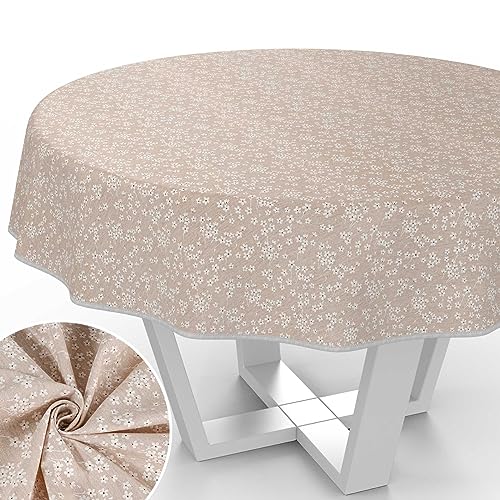 Stoff Tischdecke Tischwäsche Textil Tischtuch Baumwolle Polyester Gewebe abwaschbar pflegeleicht, in rund oval eckig Violen Beige Rund 140cm mit Saum (Eingefasst) von ANRO