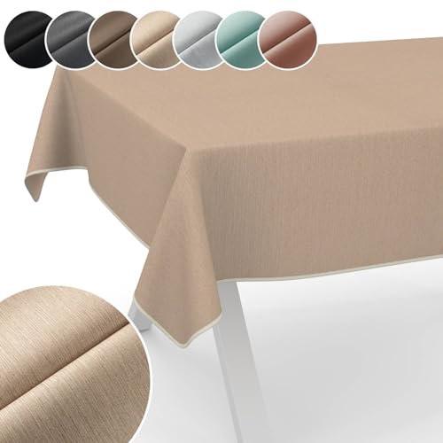 Tischdecke Mila Stoff abwaschbar Tischtuch Tafeldecke Jacquard Teflon beschichtet pflegeleicht Lotuseffekt schmutz- & wasserabweisend Uni Leinenoptik 180x100cm mit Saum (Eingefasst) Beige von ANRO