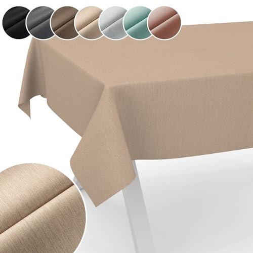 Tischdecke Mila Stoff abwaschbar Tischtuch Tafeldecke Jacquard Teflon beschichtet pflegeleicht Lotuseffekt schmutz- & wasserabweisend Uni Leinenoptik 350x140cm Schnittkante Beige von ANRO