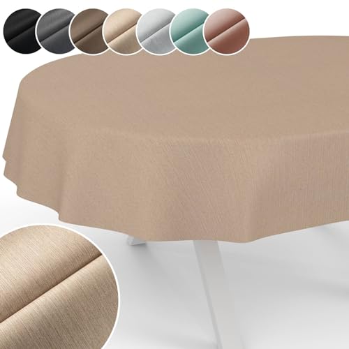 Tischdecke Mila Stoff abwaschbar Tischtuch Tafeldecke Jacquard Teflon beschichtet pflegeleicht Lotuseffekt schmutz- & wasserabweisend Uni Leinenoptik Oval 180x140cm Schnittkante Beige von ANRO