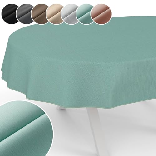 Tischdecke Mila Stoff abwaschbar Tischtuch Tafeldecke Jacquard Teflon beschichtet pflegeleicht Lotuseffekt schmutz- & wasserabweisend Uni Leinenoptik Oval 180x140cm mit Saum (Eingefasst) Mint von ANRO