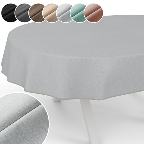 Tischdecke Mila Stoff abwaschbar Tischtuch Tafeldecke Jacquard Teflon beschichtet pflegeleicht Lotuseffekt schmutz- & wasserabweisend Uni Leinenoptik Oval 260x140cm mit Saum (Eingefasst) Pearl von ANRO