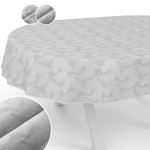 Tischdecke Stoff abwaschbar Lurex Tischtuch Tafeldecke Teflon beschichtet pflegeleicht Lotuseffekt schmutz- & wasserabweisend Kate Floral Blätter Oval 180x140cm mit Saum (Eingefasst) Silber von ANRO