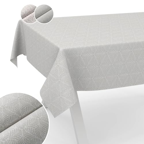 Tischdecke Stoff abwaschbar Lurex Tischtuch Tafeldecke Teflon beschichtet pflegeleicht Lotuseffekt schmutz- & wasserabweisend NATA Blätter 100x140cm Schnittkante Silber von ANRO