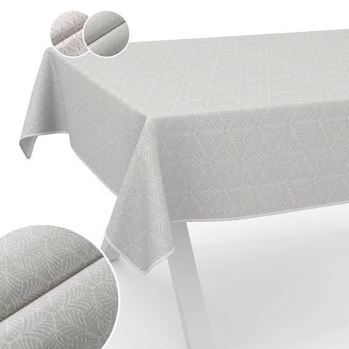 Tischdecke Stoff abwaschbar Lurex Tischtuch Tafeldecke Teflon beschichtet pflegeleicht Lotuseffekt schmutz- & wasserabweisend NATA Blätter 100x140cm mit Saum (Eingefasst) Silber von ANRO