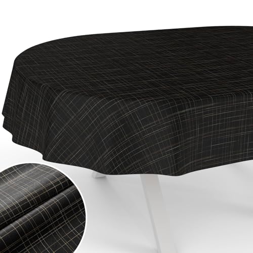 Tischdecke Stoff abwaschbar Tischtuch Tafeldecke mit Teflonbeschichtung pflegeleicht Lotuseffekt Tischdecke schmutz- & wasserabweisend Roma gestreift Oval 180x140cm Schnittkante Schwarz von ANRO