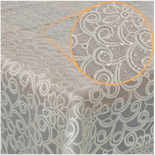 Tischdecke abwaschbar Wachstuch Lace Vinyl Häkel Spitze Optik 100 x 138cm Blumen Beige abwischbar von ANRO