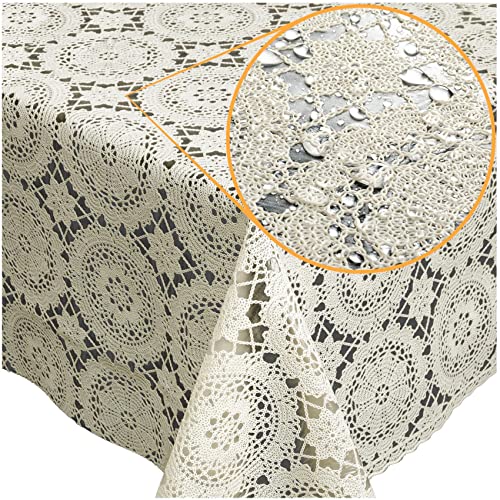 Tischdecke abwaschbar Wachstuch Lace Vinyl Häkel Spitze Optik 100 x 138cm Kreise Creme abwischbar von ANRO