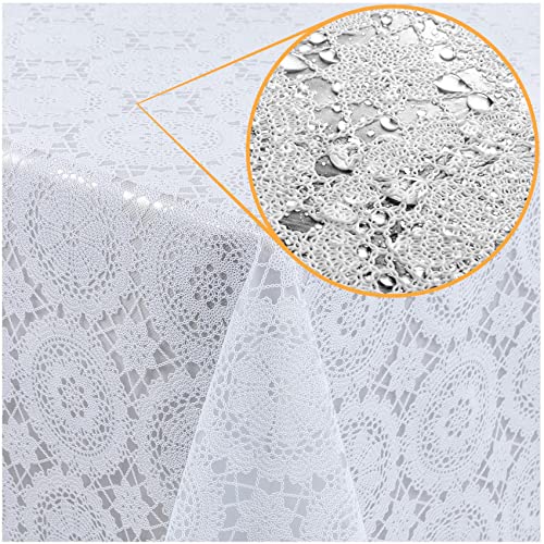 Tischdecke abwaschbar Wachstuch Lace Vinyl Häkel Spitze Optik 100 x 138cm Kreise Weiß abwischbar von ANRO