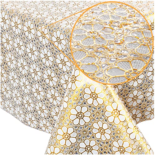 Tischdecke abwaschbar Wachstuch Lace Vinyl Häkel Spitze Optik 120 x 138cm Blumen Gold abwischbar von ANRO