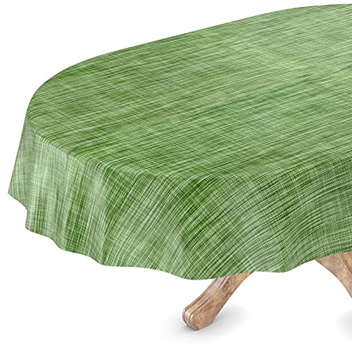 Tischdecke abwaschbar Wachstuch Wachstuchtischdecke Oval 140 x 180cm Schnittkante Leinen Textil Optik Grün Gartentischdecke Wachstuch von ANRO