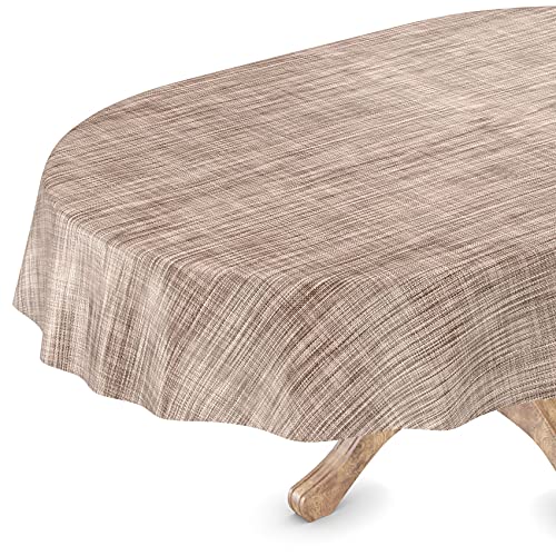 Tischdecke abwaschbar Wachstuch Wachstuchtischdecke Oval 140 x 200cm Schnittkante Leinen Textil Optik Beige Braun Gartentischdecke Wachstuch von ANRO