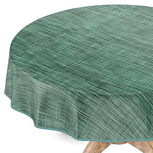 Tischdecke abwaschbar Wachstuch Wachstuchtischdecke Rund 140cm mit Saum Leinen Textil Optik Dunkelgrün Gartentischdecke Wachstuch von ANRO