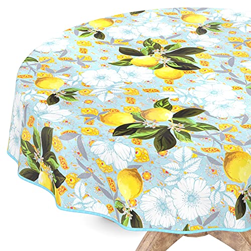 Tischdecke abwaschbar Wachstuch Wachstuchtischdecke Rund 140cm mit Saum Zitronen Gartentischdecke Wachstuch von ANRO