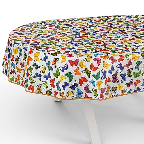 Tischdecke aus Stoff Textil abwaschbar Tischwäsche Tischtuch Baumwolle Polyester Colorful Butterflies Oval 200x140cm In-/Outdoor Tischdecke von ANRO