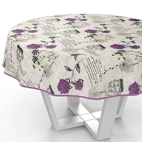 Tischdecke aus Stoff Textil abwaschbar Tischwäsche Tischtuch Baumwolle Polyester Hydrangea Purple Rund 140cm In-/Outdoor Tischdecke von ANRO