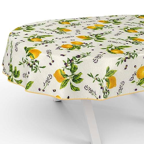 Tischdecke aus Stoff Textil abwaschbar Tischwäsche Tischtuch Baumwolle Polyester Lemon Oval 180x140cm In-/Outdoor Tischdecke von ANRO