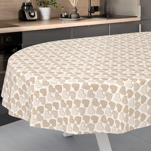 Wachstuch-Tischdecke Tischdecke abwaschbar Wachstuch Garten-Tischdecke Outdoor Indoor Oval 180x140cm Schnittkante Herz Beige von ANRO