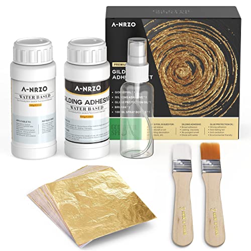 Blattgold Folien Set für Kunst und Handwerk 100 Stück Imitationsblattgold Wasserbasierter Vergoldungskleber und Schutzlack Inklusive Pinsel und Sprühflasche Vielseitig für Dekoration und Restaurierung von ANRZO