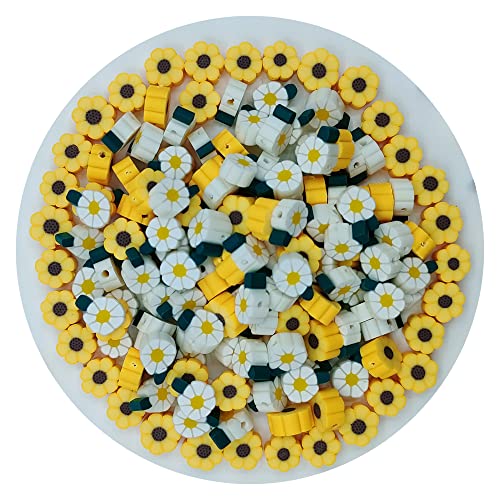 ANSGGB 200 Stück Gänseblümchen-Blumen-Polymer-Tonperlen, gemischte gelbe Sonnenblumen-Charm-Abstandshalter für DIY-Armband, Halsketten, Schmuckherstellung von ANSGGB