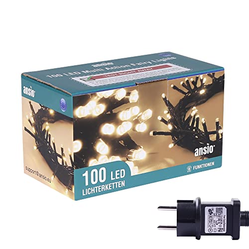 ANSIO® Lichterkette außen Innen 10m 100 LED lichterkette Weihnachtsbaum Lichtketten Strom Für Weihnachten, balkon, fenster, Weihnachtsdekoration | Warmweiß Weihnachtsbeleuchtung | Grünes Kabel von ANSIO