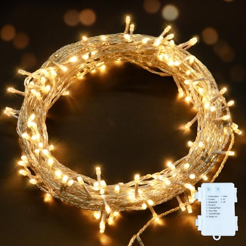 ANSIO Lichterkette Weihnachtsbeleuchtung, 100 LED Warm weiß Iinnen, batteriebetrieben - 10m / 33ft beleuchtete Länge mit 1m / 3.3ft Lead Wire Klares Kabel von ANSIO