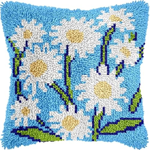 ANSIWEIGO Blumen DIY Knüpfhaken Set,Gänseblümchenstrauß,Kreuzstichkissen Knüpfhaken Kits Stickerei Do It Yourself Stickkissen zum Basteln,43x43 cm von ANSIWEIGO