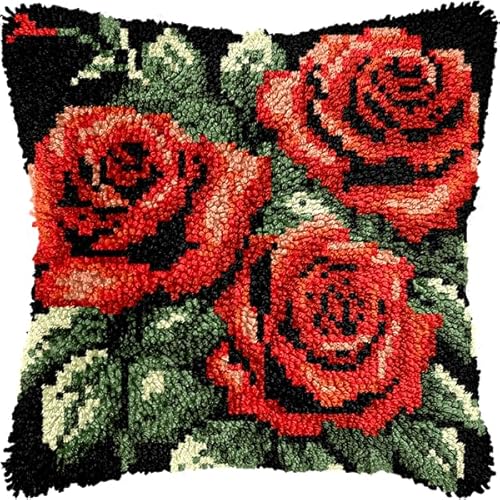 ANSIWEIGO Blumen DIY Knüpfhaken Set,Leuchtende Rosen,Kreuzstich Kissen Knüpfhaken Kits Stickerei Do It Yourself Stickkissen zum Basteln,43x43 cm von ANSIWEIGO