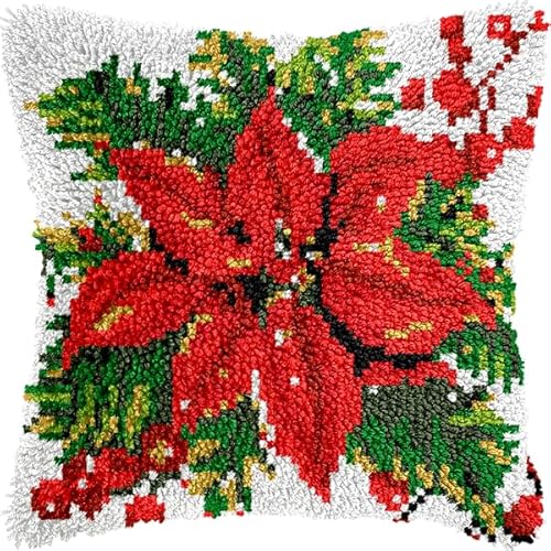 ANSIWEIGO Blumen DIY Knüpfhaken Set,Weihnachtssterne,Kreuzstich Kissen Knüpfhaken Kits Stickerei Do It Yourself Stickkissen zum Basteln,43x43 cm von ANSIWEIGO