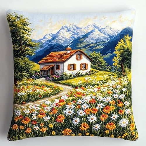 ANSIWEIGO Blumenfeld-Landschaft,Kreuzstich-Set für Erwachsene und Anfänger,Stickkissen-Set für kreative Heimdekoration,45x45 cm von ANSIWEIGO