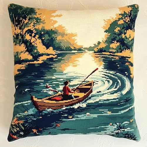 ANSIWEIGO Bootsszene auf dem See,Stickset mit bedruckter Leinwand (45x45 cm),Stickset für Kissen für kreative Heimdekoration,Handarbeitsset für erwachsene Anfänger von ANSIWEIGO