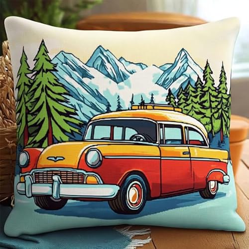 ANSIWEIGO Cartoon-Retro-Reiseauto,Kreuzstich-Set für Erwachsene und Anfänger,Stickkissen-Set für kreative Heimdekoration,45x45 cm von ANSIWEIGO