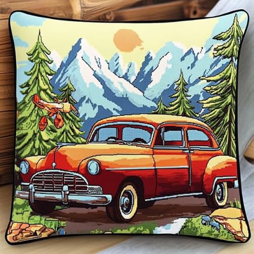 ANSIWEIGO Cartoon-Retro-Reiseauto,Stickset mit bedruckter Leinwand (45x45 cm),Stickset für Kissen für kreative Heimdekoration,Handarbeitsset für Erwachsene Anfänger von ANSIWEIGO