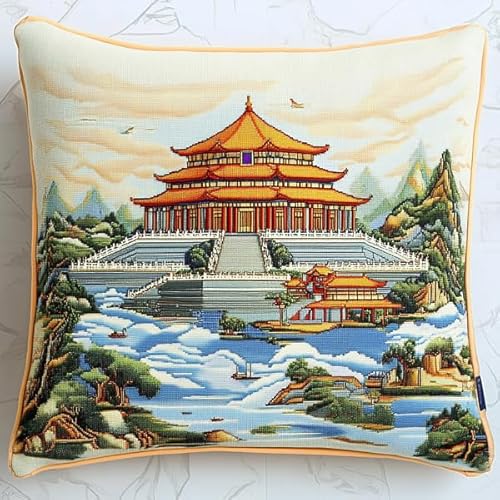 ANSIWEIGO Chinesische Landschaft der Verbotenen Stadt,Gestempeltes Kreuzstich-Set (45x45 cm),Gestempeltes Kreuzstich-Kissen-Set für kreative Heimdekoration,Handarbeitsset für erwachsene Anfänger von ANSIWEIGO