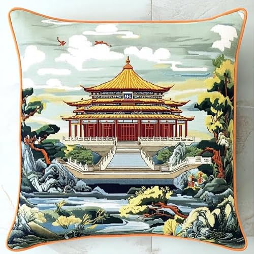 ANSIWEIGO Chinesische Landschaft der Verbotenen Stadt,Kreuzstichset für Erwachsene und Anfänger,Stickkissenset für kreative Heimdekoration,45x45 cm von ANSIWEIGO