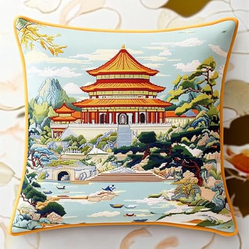 ANSIWEIGO Chinesische Landschaft der Verbotenen Stadt,Stickset mit bedruckter Leinwand (45x45 cm),Stickset für Kissen für kreative Heimdekoration,Handarbeitsset für Erwachsene Anfänger von ANSIWEIGO