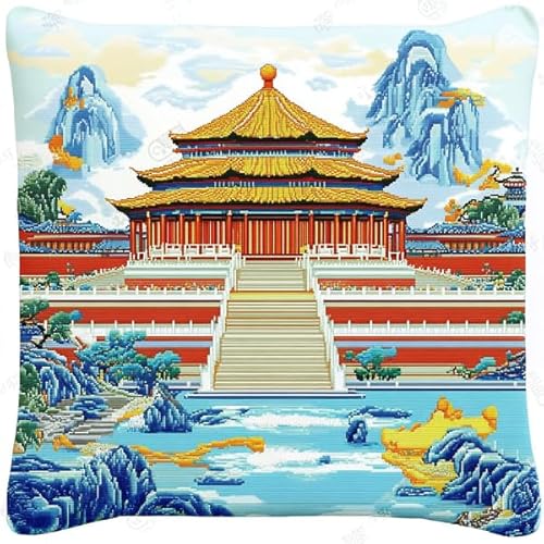 ANSIWEIGO Chinesische Landschaft der Verbotenen Stadt. Kreuzstich-Set. Dekokissen 18×18 Zoll. Bedruckte Gobelin-Leinwand für kreative Heimdekoration von ANSIWEIGO