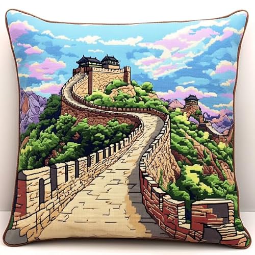 ANSIWEIGO Chinesische Mauerlandschaft,Kreuzstichset für Erwachsene und Anfänger,Stickkissenset für kreative Heimdekoration,45x45 cm von ANSIWEIGO