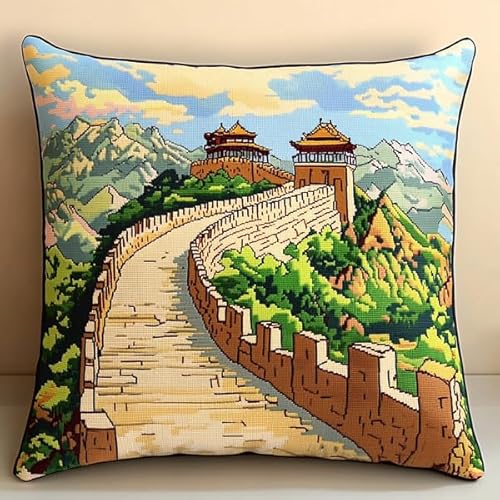 ANSIWEIGO Chinesische Mauerlandschaft,Stickset mit bedruckter Leinwand (45x45 cm),Stickset für Kissen für kreative Heimdekoration,Handarbeitsset für Erwachsene Anfänger von ANSIWEIGO