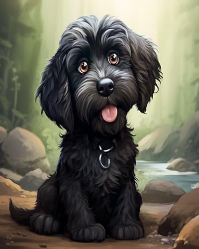 ANSIWEIGO DIY-Acrylfarben-Set für Leinwand,Ein schwarzer Labradoodle-Hund im Cartoon-Stil,Malen-nach-Zahlen-Set für Anfänger und ideal als Heimdekoration,40x50 cm,ohne Rahmen von ANSIWEIGO