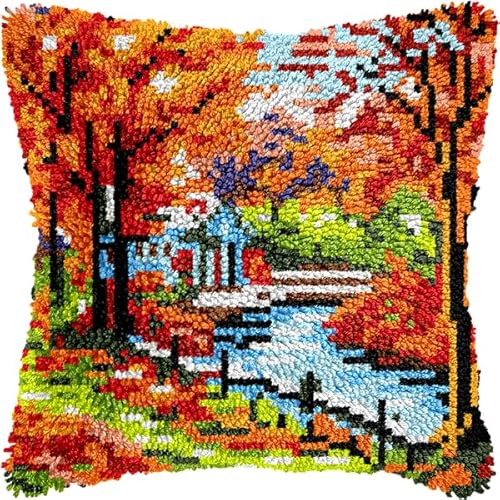 ANSIWEIGO DIY-Kissenhaken-Set,Herbstlandschaft im Park,farbig bedruckter Kissenbezug,Kreuzstich-Set,Garnstickerei für Heimdekoration,43x43 cm von ANSIWEIGO