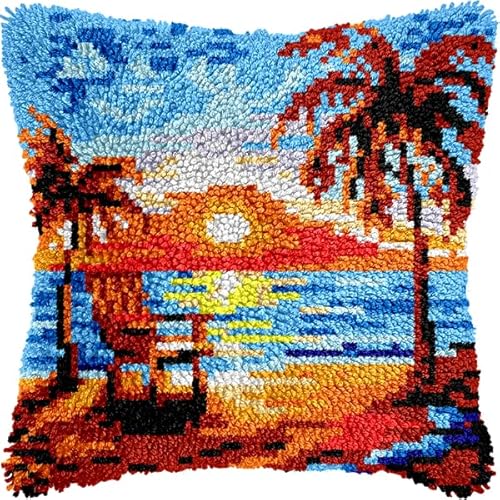 ANSIWEIGO DIY-Kissenhaken-Set,Sonnenuntergang,Meerblick,farbig bedruckter Kissenbezug,Kreuzstich-Set,Garnstickerei für Heimdekoration,43x43 cm von ANSIWEIGO