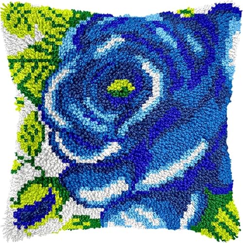 ANSIWEIGO DIY-Kissenhaken-Set,bedruckter Kissenbezug mit blauer Rose,Kreuzstich-Set,Garnstickerei für die Heimdekoration,43x43 cm von ANSIWEIGO