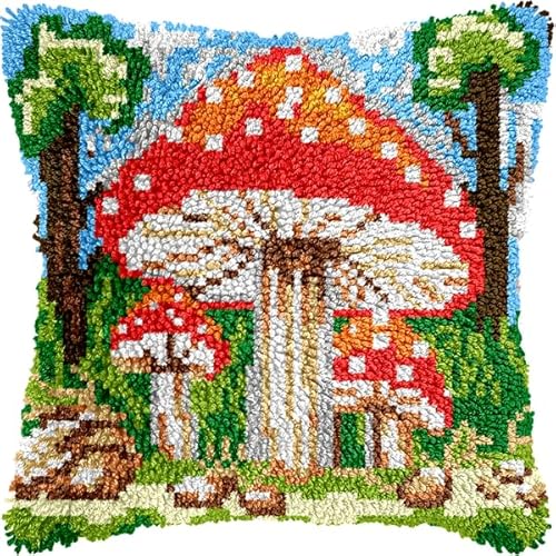 ANSIWEIGO DIY-Knüpfhaken-Set im Landschaftsstil,bunte Pilze,Kreuzstich-Kissen-Knüpfhaken-Sets,Sticken zum Selbermachen,Stickkissen zum Basteln,43x43 cm von ANSIWEIGO