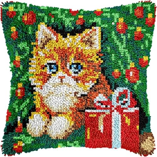 ANSIWEIGO DIY-Knüpfkissen-Set mit Haken,Katze und Geschenk,farbig bedruckter Kissenbezug,Kreuzstich-Set,Garnstickerei für Heimdekoration,43x43 cm von ANSIWEIGO