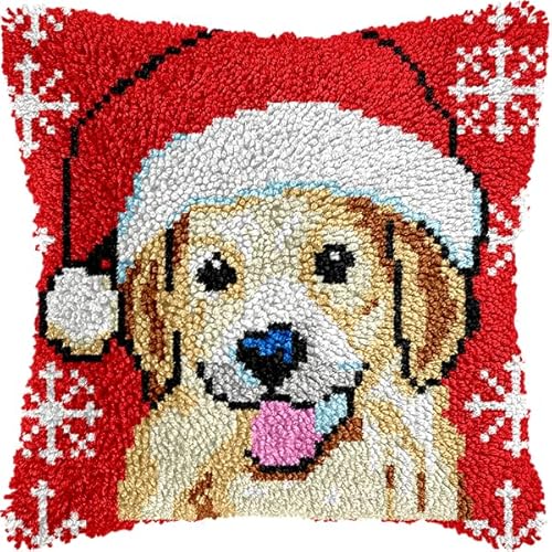 ANSIWEIGO DIY-Knüpfkissen-Set mit Knüpfhaken,Hund mit Weihnachtsmannmütze,farbig bedruckter Kissenbezug,Kreuzstich-Set,Garnstickerei für Heimdekoration,43x43 cm von ANSIWEIGO