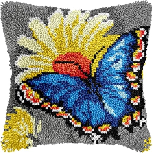 ANSIWEIGO DIY-Knüpfkissen-Set mit Knüpfhaken,Kissenbezug mit bemalten Blumen und Schmetterlingen,farbig bedruckt,Kreuzstich-Set,Garnstickerei für Heimdekoration,43x43 cm von ANSIWEIGO